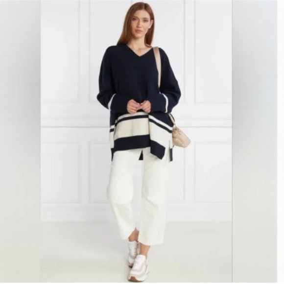 MAXMARA Nuraghe Striped V-Neck Knit Wool Sweater Navy Ivory Size M NEW - Picture 1 of 12